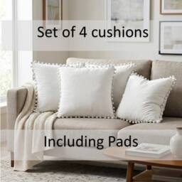 Luxury Living Set of 4 Velvet Cushions with Pom Trim with pads in Cream - Size: 43 cm x 43 cm - thumbnail 6