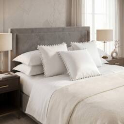 Luxury Living Set of 4 Velvet Cushions with Pom Trim with pads in Cream - Size: 43 cm x 43 cm - thumbnail 5