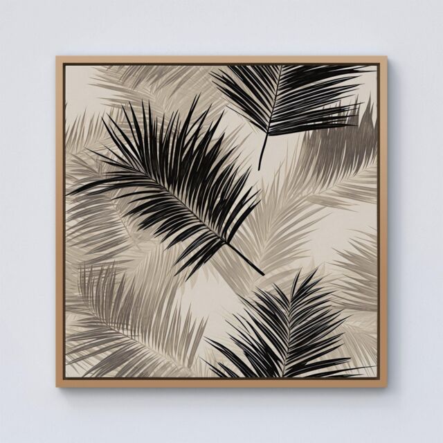Warren Reed - Designer Black & White Tropical Palm Leaves Framed Canvas in Light Brown - Size: w40 inch x h40 inch - image 1