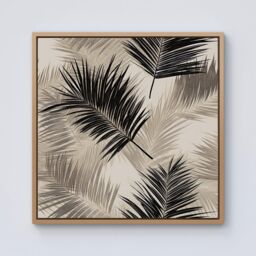 Warren Reed - Designer Black & White Tropical Palm Leaves Framed Canvas in Light Brown - Size: w40 inch x h40 inch - thumbnail 1
