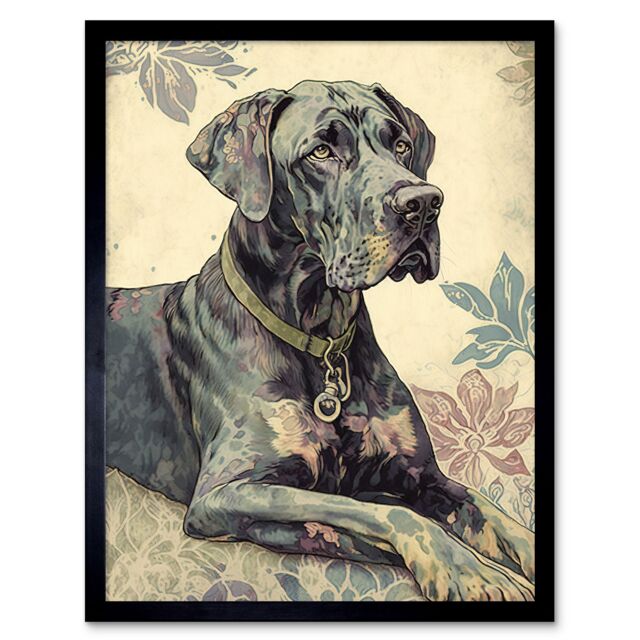 "Artery8 Wall Art Print Great Dane Dog with Floral Pattern Modern Linocut Art Framed in Black - Size: W12"" x H16""" - image 1