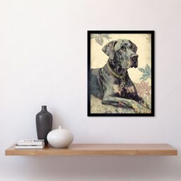 "Artery8 Wall Art Print Great Dane Dog with Floral Pattern Modern Linocut Art Framed in Black - Size: W12"" x H16""" - thumbnail 2