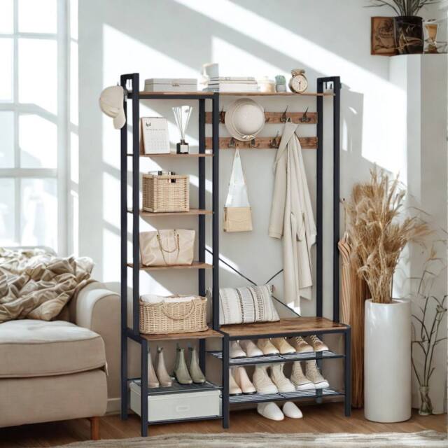 Pirlo Plush Entryway Hall Tree Coat Rack Stand With Shoe Storage & Shelves in Brown - image 1