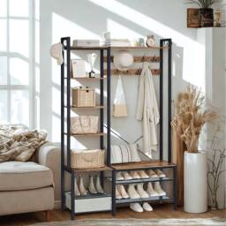 Pirlo Plush Entryway Hall Tree Coat Rack Stand With Shoe Storage & Shelves in Brown