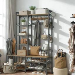 Pirlo Plush Entryway Hall Tree Coat Rack Stand With Shoe Storage & Shelves in Brown - thumbnail 3