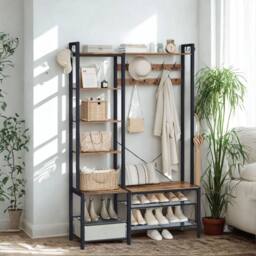 Pirlo Plush Entryway Hall Tree Coat Rack Stand With Shoe Storage & Shelves in Brown - thumbnail 2