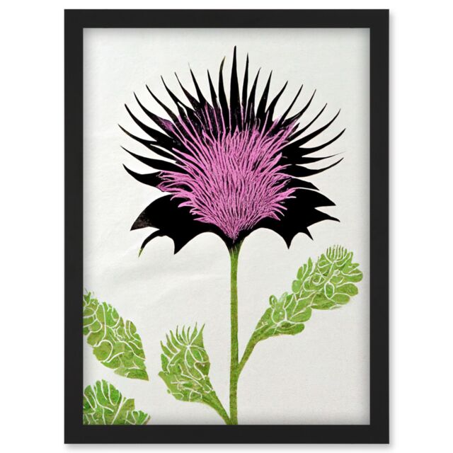 Artery8 Linocut Scottish Thistle Abstract Wildflower Artwork Framed Wall Art Print A4 in Black - image 1
