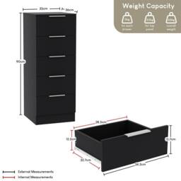 Kelvenix black Modern Bedroom 5 Drawer Narrow Chest Cabinet - Size: 0.6m2 - thumbnail 2