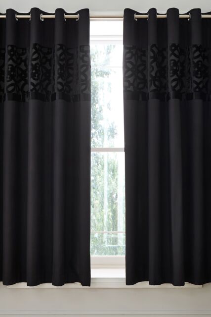 Catherine Lansfield 'Lattice Cut Velvet' Lined Eyelet Curtains in Black - Size: 168 cm width x 183 cm drop - image 1