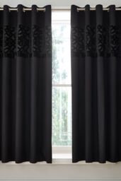 Catherine Lansfield 'Lattice Cut Velvet' Lined Eyelet Curtains in Black - Size: 168 cm width x 183 cm drop - thumbnail 1