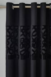 Catherine Lansfield 'Lattice Cut Velvet' Lined Eyelet Curtains in Black - Size: 168 cm width x 183 cm drop - thumbnail 2