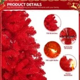 EONLION 6FT Red Xmas Tree 100 Warm LED Lights Metal Base Design - thumbnail 3