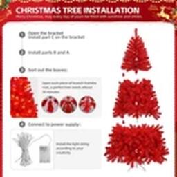 EONLION 6FT Red Xmas Tree 100 Warm LED Lights Metal Base Design - thumbnail 4