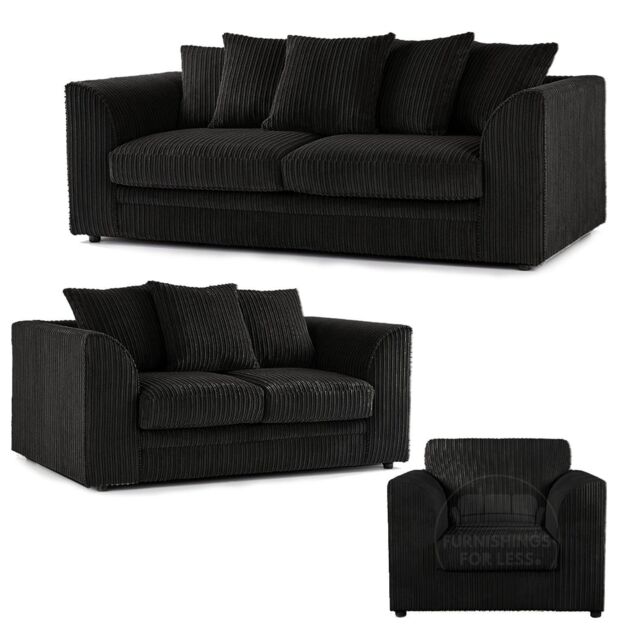 Furnishings For Less UK Luxor Jumbo Cord 3 + 2 + 1 Fabric 3 Piece Sofa Suite - Scatter Back in Black - image 1