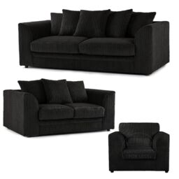 Furnishings For Less UK Luxor Jumbo Cord 3 + 2 + 1 Fabric 3 Piece Sofa Suite - Scatter Back in Black - thumbnail 1