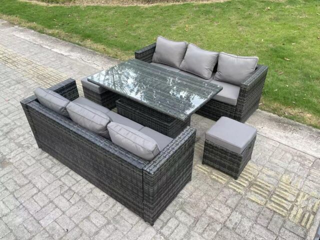 Fimous 8 Seater Outdoor Rattan Sofa Set Garden Furniture Adjustable Rising Lifting Dining Table Footstools in Dark Grey - image 1