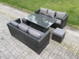 Fimous 8 Seater Outdoor Rattan Sofa Set Garden Furniture Adjustable Rising Lifting Dining Table Footstools in Dark Grey - thumbnail 2