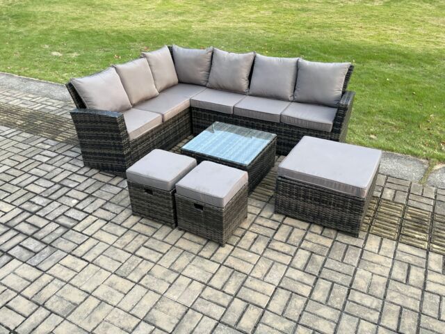 Fimous Rattan Garden Furniture Set Outdoor Lounge Corner Sofa Set With Square Coffee Table 3 Footstools 9 Seater Dark Grey Mixed - image 1