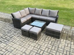 Fimous Rattan Garden Furniture Set Outdoor Lounge Corner Sofa Set With Square Coffee Table 3 Footstools 9 Seater Dark Grey Mixed - thumbnail 1