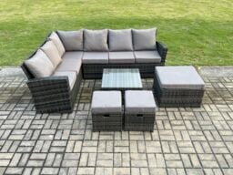 Fimous Rattan Garden Furniture Set Outdoor Lounge Corner Sofa Set With Square Coffee Table 3 Footstools 9 Seater Dark Grey Mixed - thumbnail 2