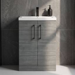 Balterley Bathroom Vanity Basin Unit, Black Handles, 600mm, Wood Grey - thumbnail 8
