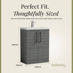 Balterley Bathroom Vanity Basin Unit, Black Handles, 600mm, Wood Grey - thumbnail 5