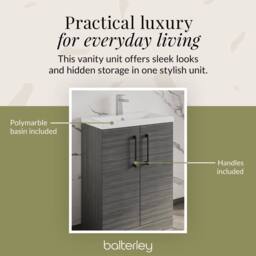 Balterley Bathroom Vanity Basin Unit, Black Handles, 600mm, Wood Grey - thumbnail 7