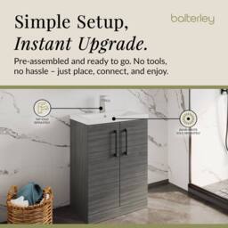 Balterley Bathroom Vanity Basin Unit, Black Handles, 600mm, Wood Grey - thumbnail 4