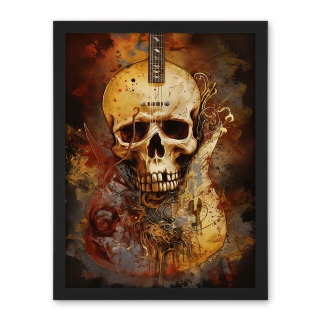 "Artery8 Wall Art Print Skull Electric Guitar Death Metal Music Modern Concept Art Painting Large Framed Wall Décor Art in White - Size: W18"" x H24""" - image 1