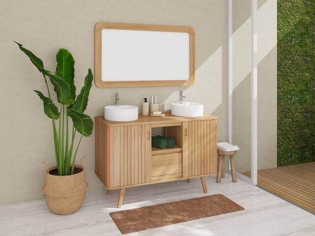 Vente-unique Freestanding Teak Bathroom Vanity Unit With Double Round Ceramic in Light Oak - image 1