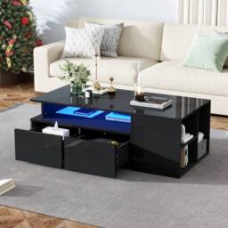 BTM High Gloss LED Coffee Table with 2 Drawers & Open Storage in Black - thumbnail 4