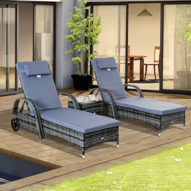 OUTSUNNY 3 PCS Rattan Lounger Recliner Bed Garden Furniture Set Side Table in Grey - image 1