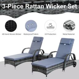 OUTSUNNY 3 PCS Rattan Lounger Recliner Bed Garden Furniture Set Side Table in Grey - thumbnail 4