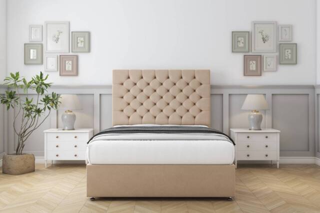 "Sloomy Mayfair Plush Divan Bed Base No Drawers With 26"" Strutted Headboard in Stone - Size: Small Double" - image 1