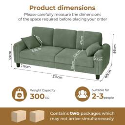 Dprodo Waffle Fabric Upholstered 3 Seater Sofa in Green - Size: 2 Pack - thumbnail 4