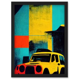Artery8 Andy Warhol Inspired Modern Abstract Car Taxi Yellow Orange Teal Black Artwork Framed Wall Art Print A4 - thumbnail 1