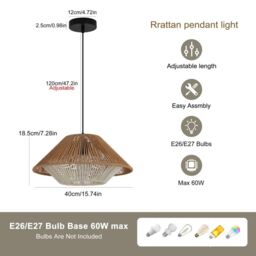 Garwarm 1 - Light Rattan Farmhouse Cone Pendant Light in Brown - thumbnail 6