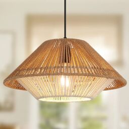 Garwarm 1 - Light Rattan Farmhouse Cone Pendant Light in Brown