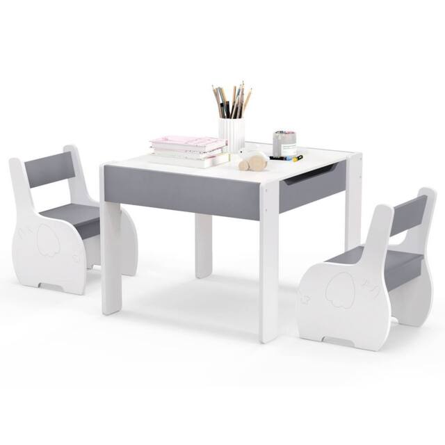 Costway Kids Table & Chair Set 4-in-1 Wooden Activity Table & 2 Chairs-Grey in Grey - image 1