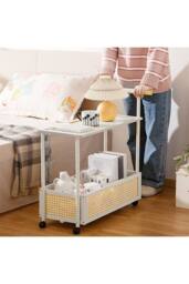 Living and Home 2-Tier Rolling Bamboo Side Table with Side Handle in White - thumbnail 2
