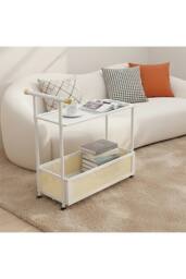 Living and Home 2-Tier Rolling Bamboo Side Table with Side Handle in White - thumbnail 1