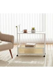 Living and Home 2-Tier Rolling Bamboo Side Table with Side Handle in White - thumbnail 3