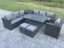 Fimous 9 Seater Outdoor Lounge Sofa Garden Furniture Set Patio Chair Rattan Rectangular Dining Table 2 Stool in Dark Grey - thumbnail 2