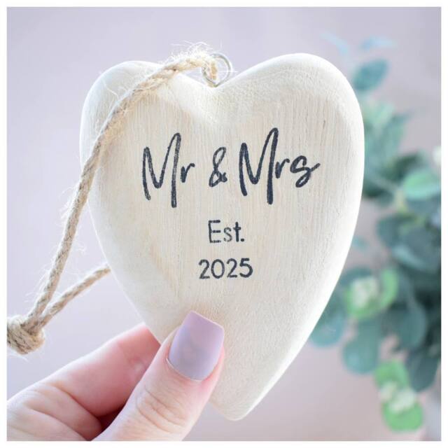 Amaya Rose Ltd Mr & Mrs Est 2026 Wooden Heart Bauble Decoration. Christmas tree in Cream