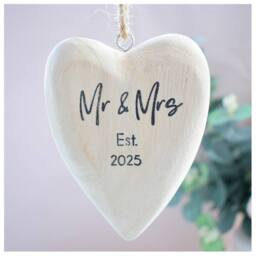 Amaya Rose Ltd Mr & Mrs Est 2026 Wooden Heart Bauble Decoration. Christmas tree in Cream - thumbnail 3