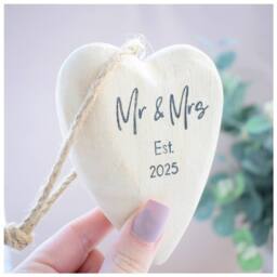 Amaya Rose Ltd Mr & Mrs Est 2026 Wooden Heart Bauble Decoration. Christmas tree in Cream - thumbnail 2