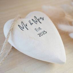 Amaya Rose Ltd Mr & Mrs Est 2026 Wooden Heart Bauble Decoration. Christmas tree in Cream - thumbnail 5