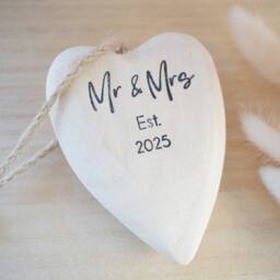 Amaya Rose Ltd Mr & Mrs Est 2026 Wooden Heart Bauble Decoration. Christmas tree in Cream - thumbnail 4