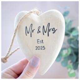 Amaya Rose Ltd Mr & Mrs Est 2026 Wooden Heart Bauble Decoration. Christmas tree in Cream - thumbnail 1