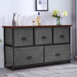 Gymax 5 Drawers Cabinet 2-Tier Chest of Drawers With 5 Fabric Baskets in Black - thumbnail 7